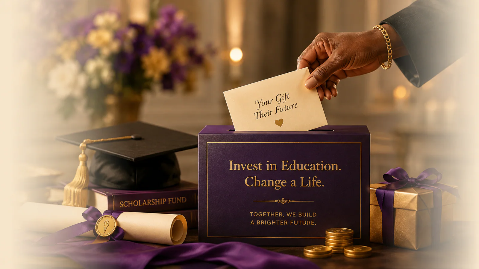 A donor placing a gift into a scholarship fund box.